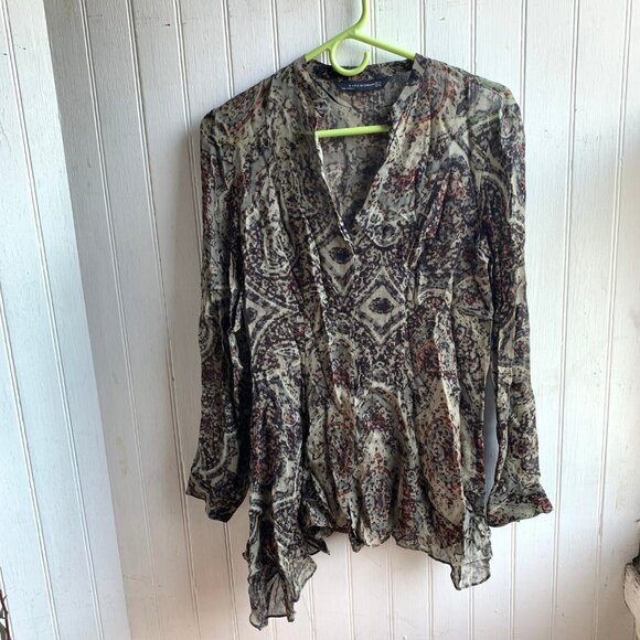 Zara Woman Green Abstract Printed Sheer Asymmetrical Hem Blouse - Oversized XS S - Picture 2 of 13